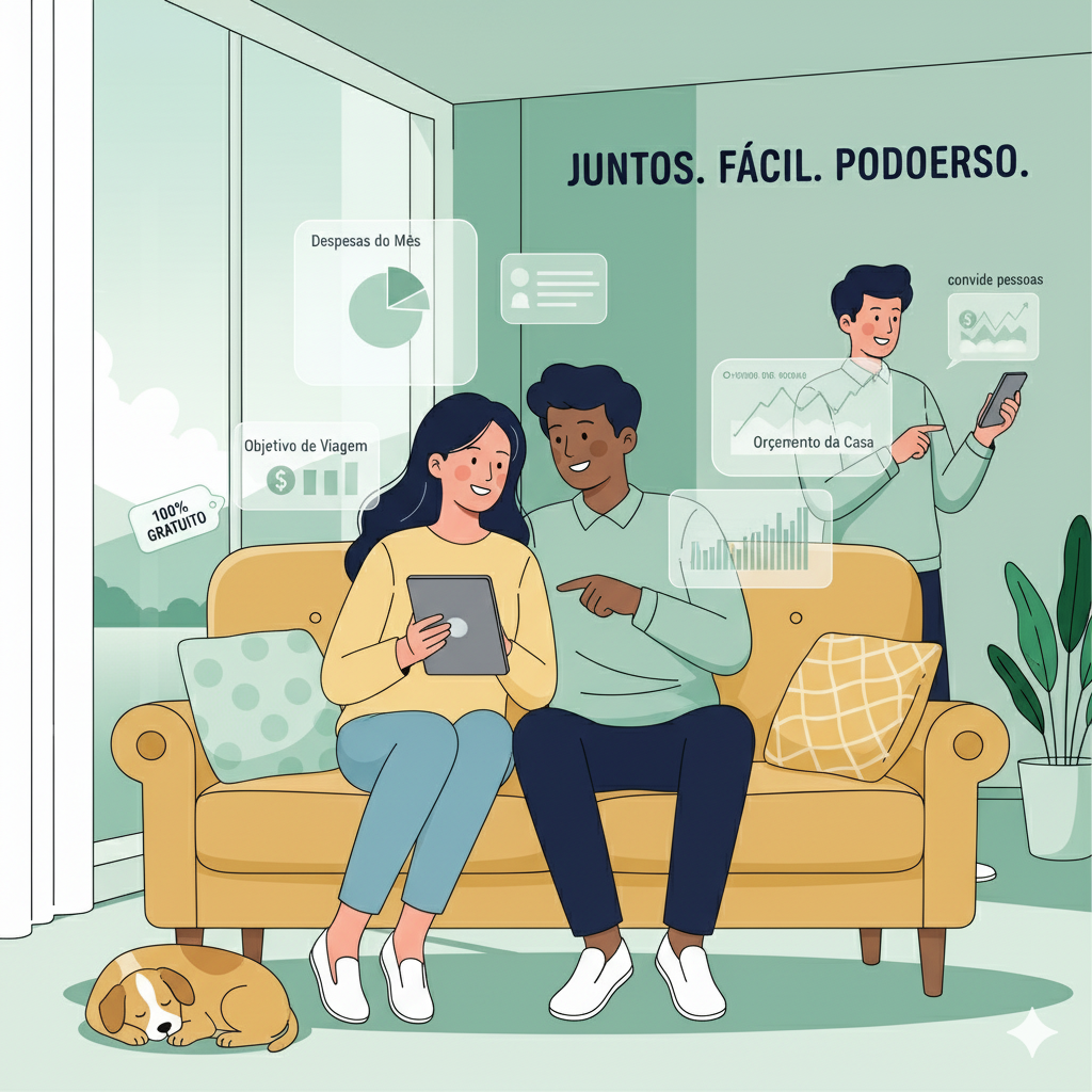 Casal organizando as finanças em um tablet com gráficos e objetivos de viagem.
